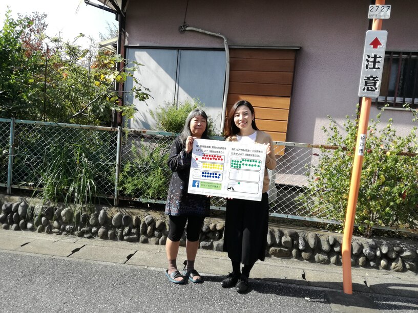 2019年松戸市議会議員選挙にて、候補者への猫の不妊手術・火葬場アンケート結果を手に街角インタビューを行う木村悦子01